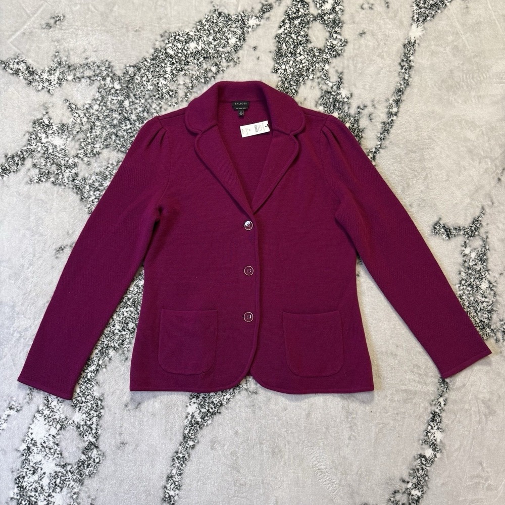 Talbots Blazer Womens Size M Fuchsia Pure Merino Wool Knit Three Button Jacket